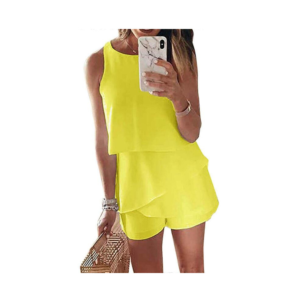 (S, Yellow) Summer Round Neck Tank Top Shorts Sleeveless Jumpsuits Solid Color Romper Female Short Pants Daily Loungewear  Yellow XL