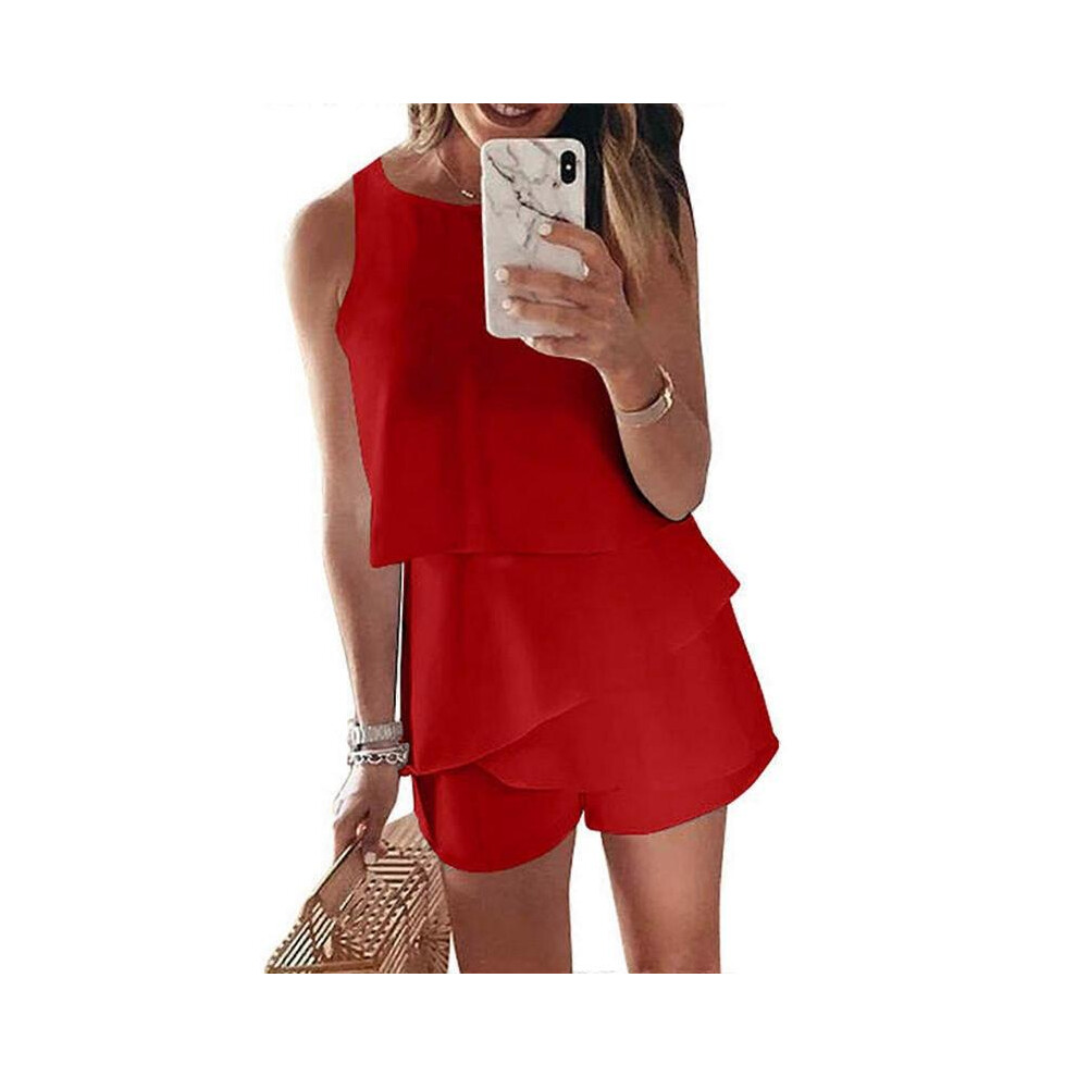(L, Red) Summer Round Neck Tank Top Shorts Sleeveless Jumpsuits Solid Color Romper Female Short Pants Daily Loungewear  Yellow XL