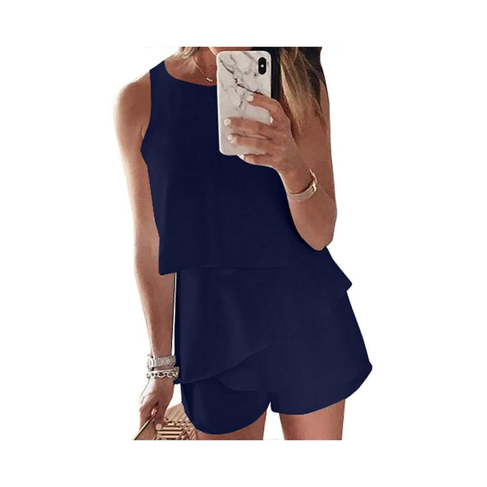 (XL, Blue) Summer Round Neck Tank Top Shorts Sleeveless Jumpsuits Solid Color Romper Female Short Pants Daily Loungewear  Yellow XL