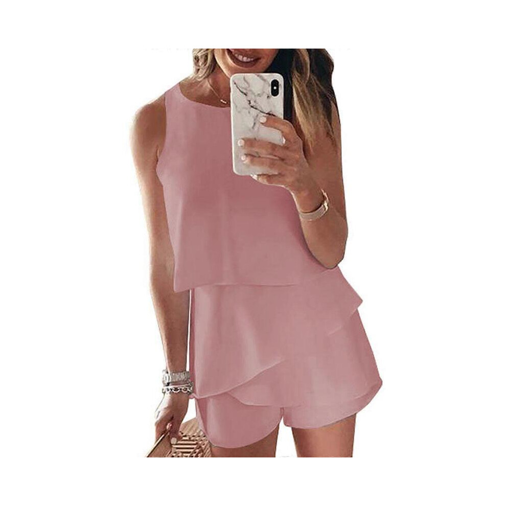 (L, Pink) Summer Round Neck Tank Top Shorts Sleeveless Jumpsuits Solid Color Romper Female Short Pants Daily Loungewear  Yellow XL