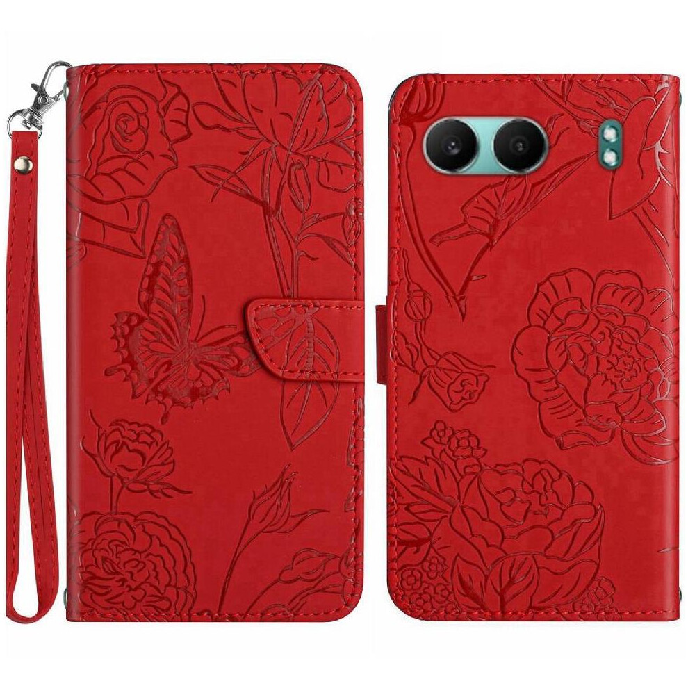 (Red) Case For Oneplus Nord 4 5G Anti-Drop Protection Pu Leather Flip Cover With Wrist Strap Flowers And Butterflies Shockproof Leather Case Red 764563443062