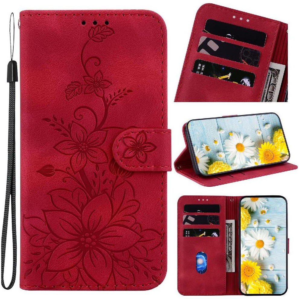 (Red) Flip Case For Oneplus Nord Ce4 Lite Kickstand Card Holder Embossed Lily Magnetic Wallet Red 764563443727