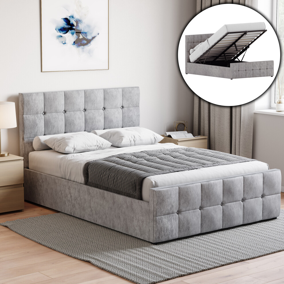 (Double, Crushed Velvet Silver) Valentina Ottoman Bed Frame Bedroom Storage UKFR