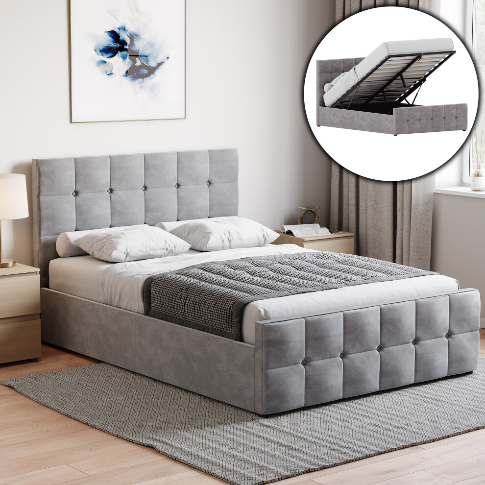 (Double, Light Grey Velvet) Valentina Ottoman Bed Frame Bedroom Storage UKFR