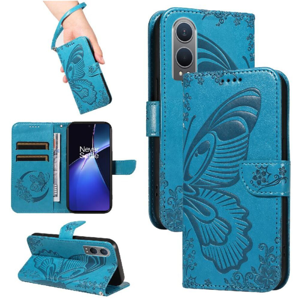 (Blue) Flip Case For Oneplus Nord Ce4 Lite 5G Detachable Hand Strap High Quality Leather With Credit Card Slot Embossed Butterfly Blue 764563444519