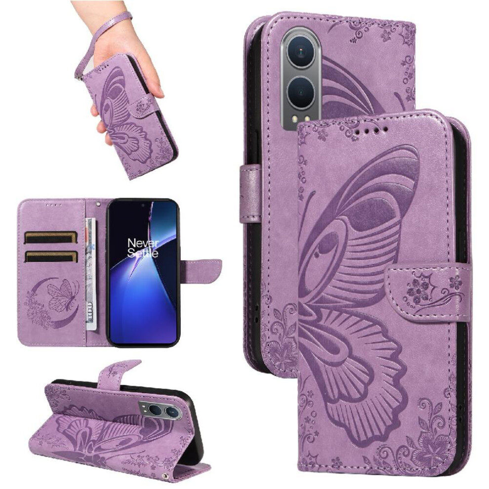 (Purple) Flip Case For Oneplus Nord Ce4 Lite 5G Detachable Hand Strap High Quality Leather With Credit Card Slot Embossed Butterfly Purple 764563444496