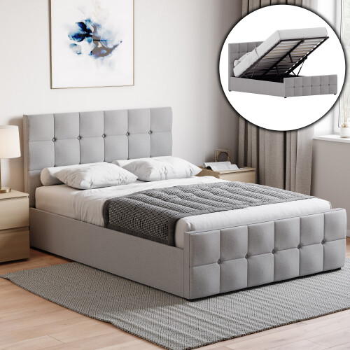 Home Discount (Double, Light Grey Linen) Valentina Ottoman Bed Frame Bedroom Storage UKFR