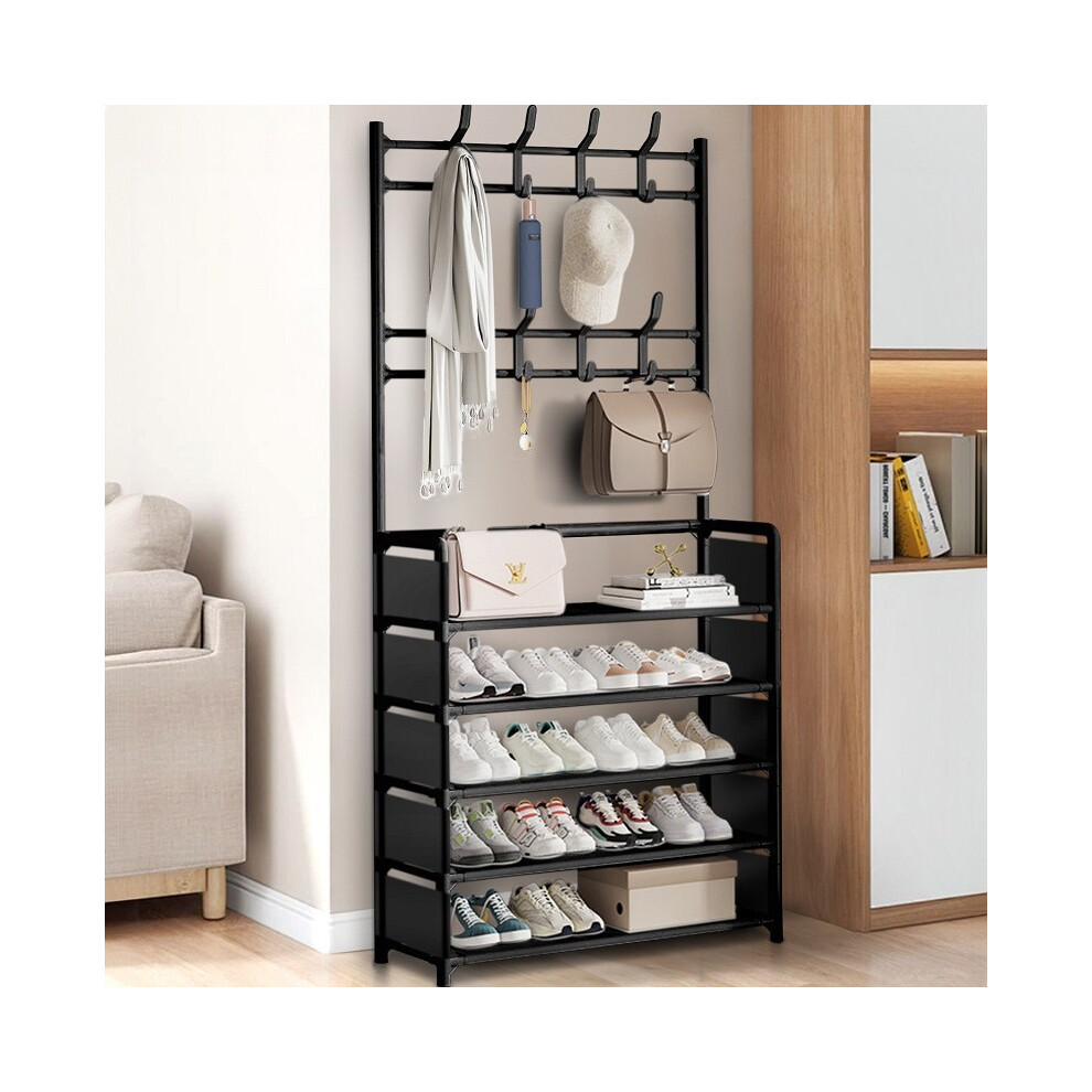 Happy Homes Coat Hat Stand 8 Hooks Metal Storage Shoe Rack 5 Tiers Shelf Hanger 80Cm Widen