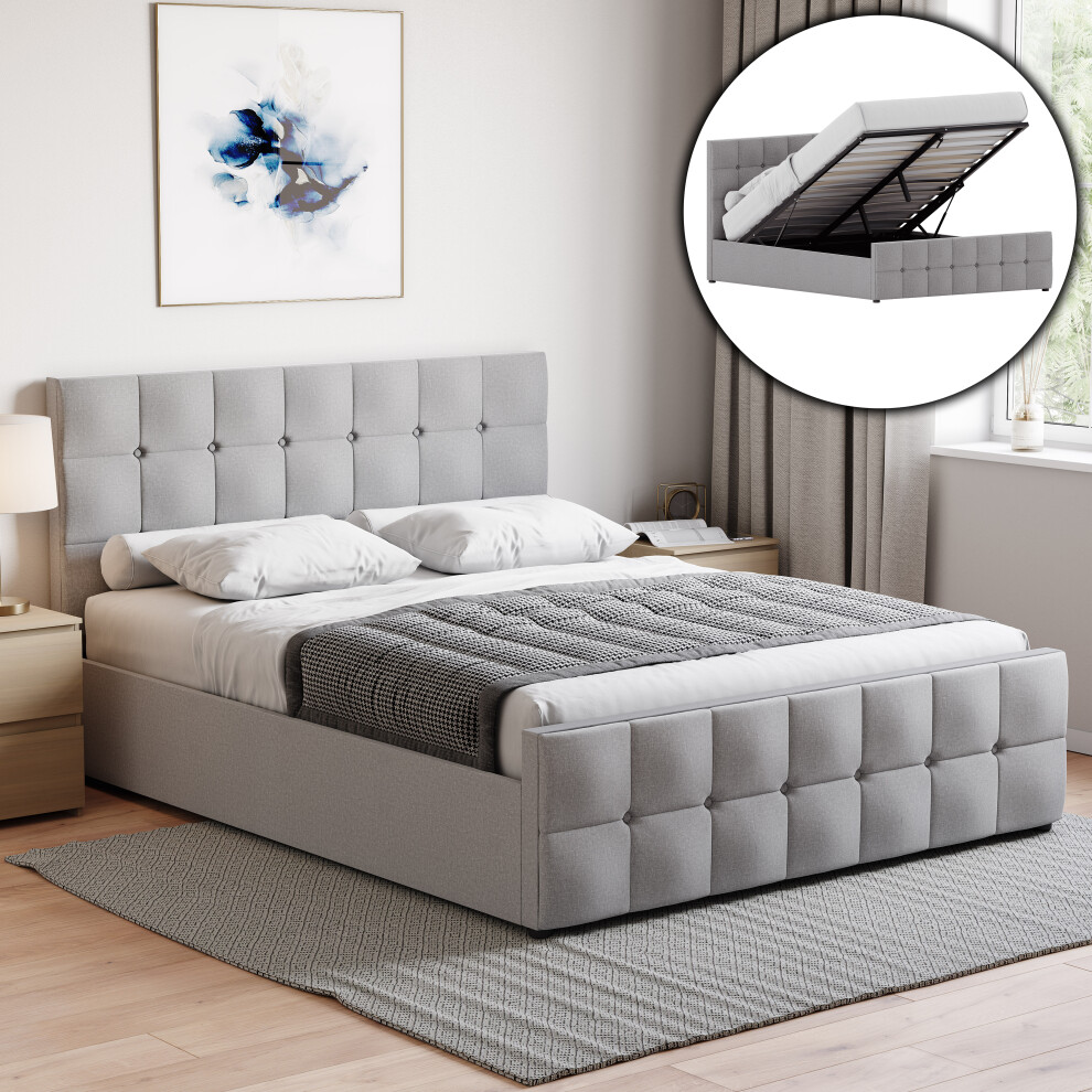 (King Size, Light Grey Linen) Valentina Ottoman Bed Frame Bedroom Storage UKFR