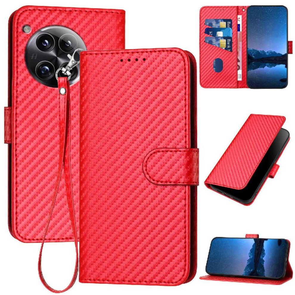 (Red) Flip Case For Oneplus 12 Carbon Fiber Surface With Detachable Hand Strap With Card Slot And Kickstand Premium Leather Red 764563445639