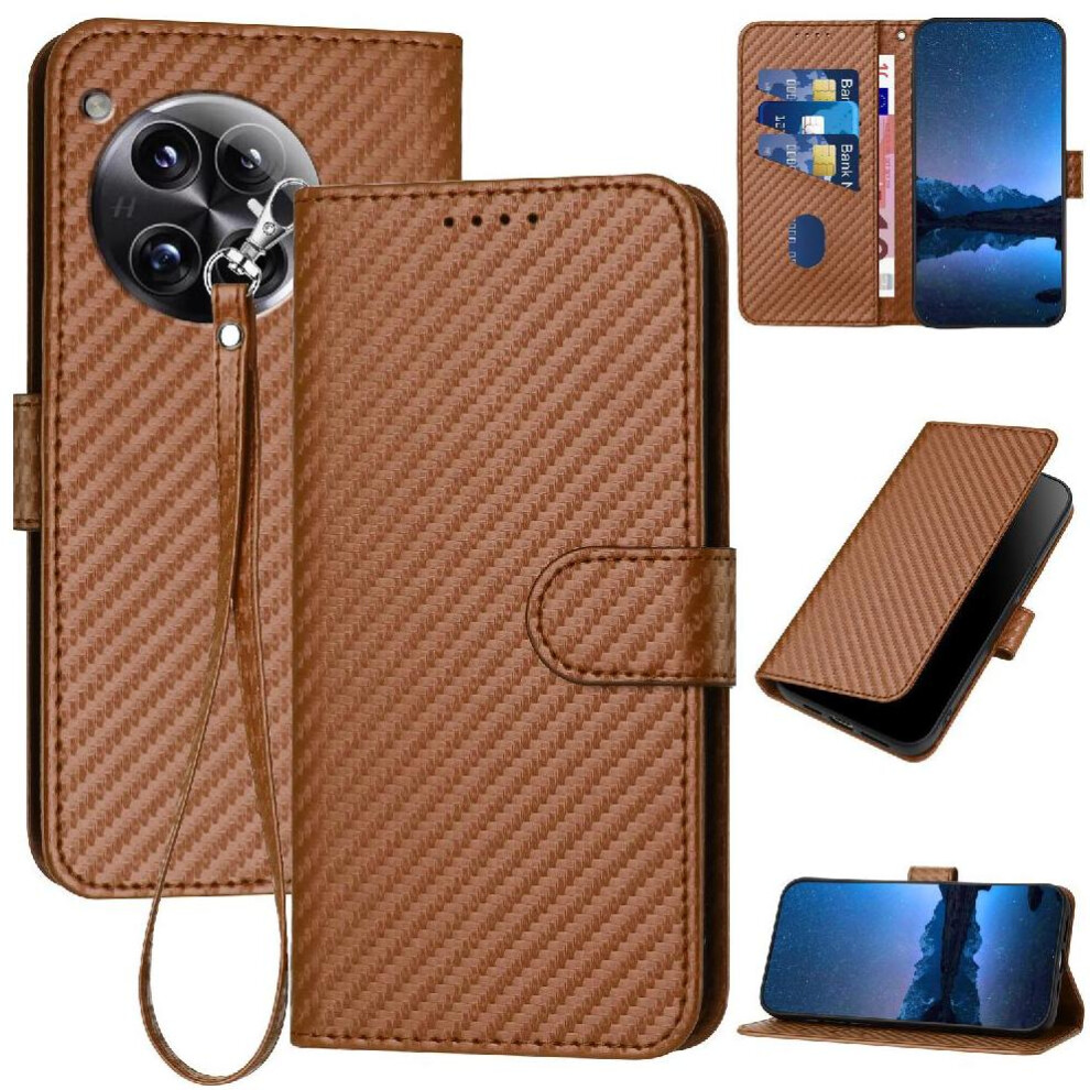 (Brown) Flip Case For Oneplus 12 Carbon Fiber Surface With Detachable Hand Strap With Card Slot And Kickstand Premium Leather Brown 764563445660