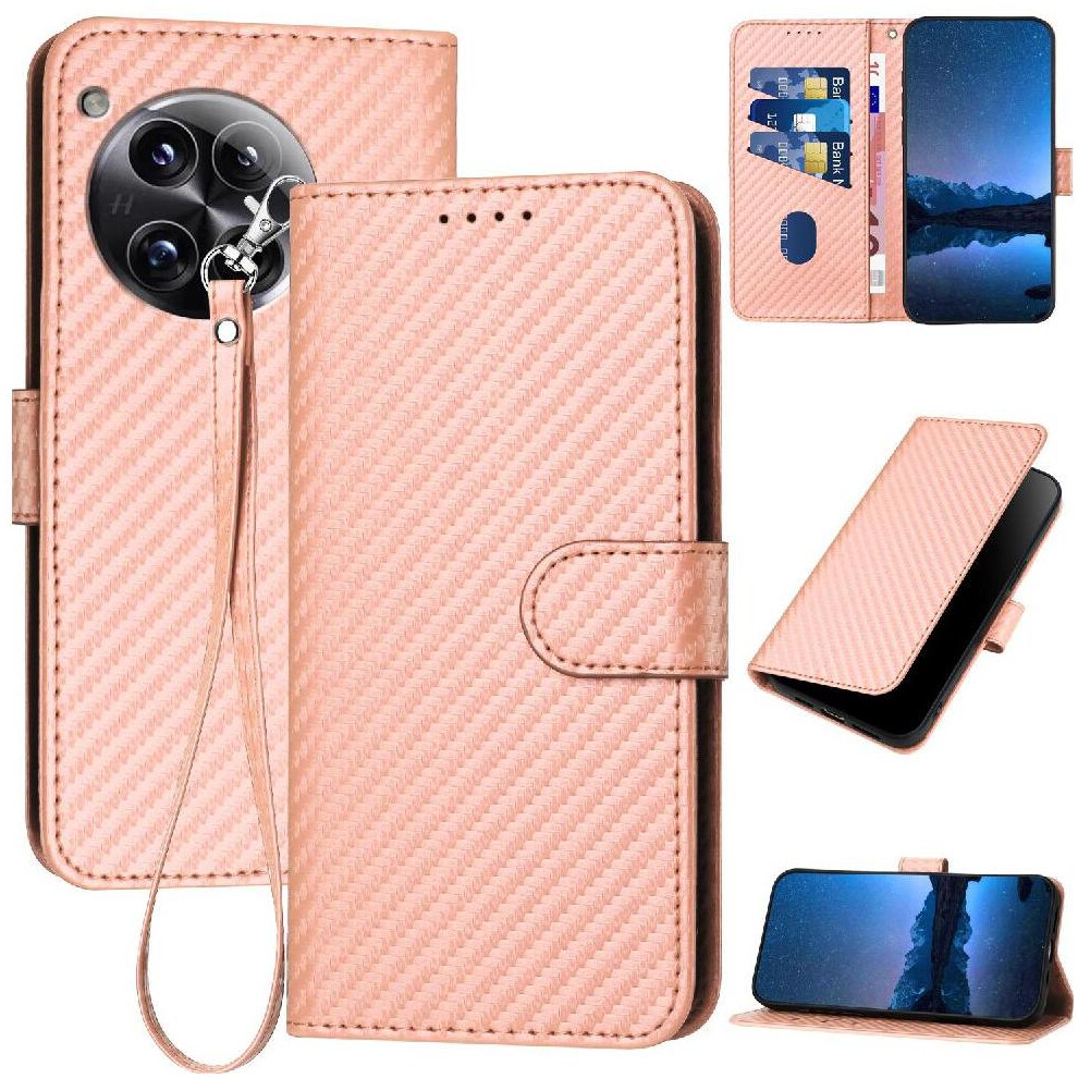 (Pink) Flip Case For Oneplus 12 Carbon Fiber Surface With Detachable Hand Strap With Card Slot And Kickstand Premium Leather Pink 764563445691