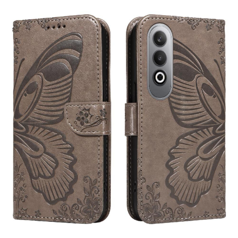 ( ) Flip Case For Oneplus Nord Ce4 5G High Quality Leather Embossed Butterfly Detachable Hand Strap With Credit Card Slot Gray 764563448845