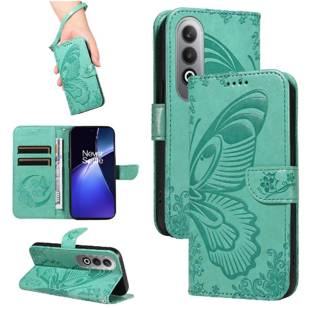(Green) Flip Case For Oneplus Nord Ce4 5G High Quality Leather Embossed Butterfly Detachable Hand Strap With Credit Card Slot Green 764563448838