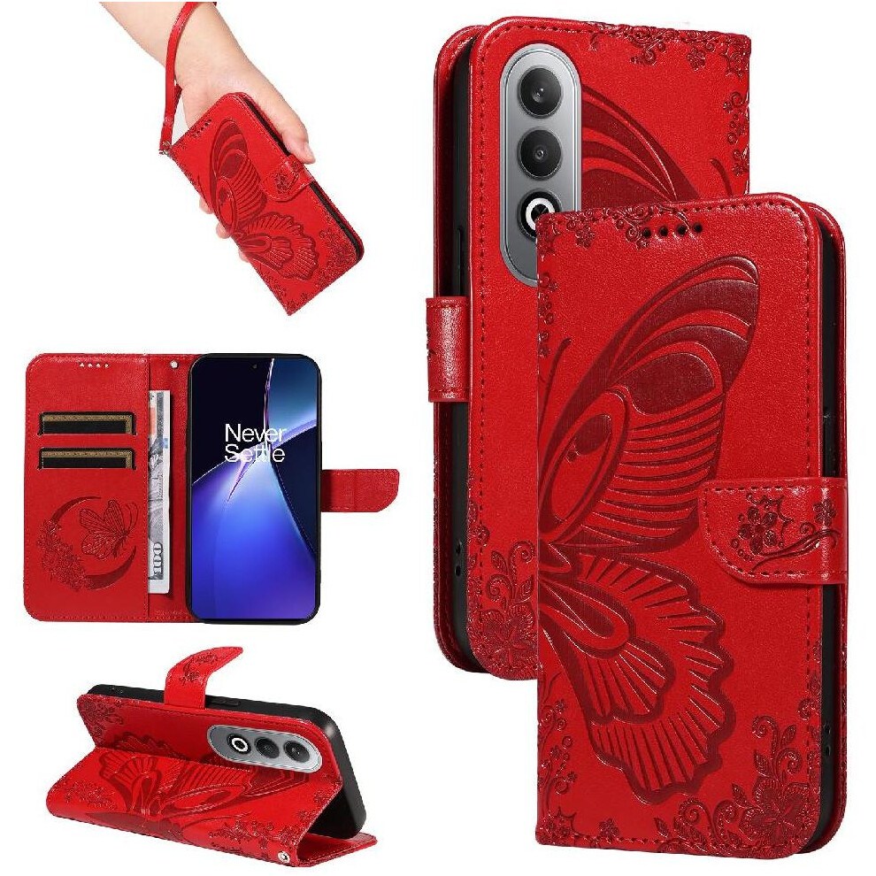 (Red) Flip Case For Oneplus Nord Ce4 5G High Quality Leather Embossed Butterfly Detachable Hand Strap With Credit Card Slot Red 764563448869