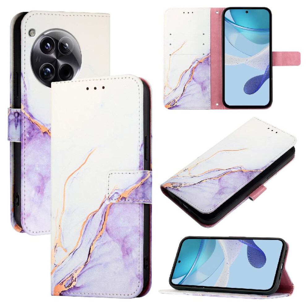 (Purple) Case For Oneplus 12 5G Pu Leather Marble Pattern Kickstand Wallet Purple 764563449828
