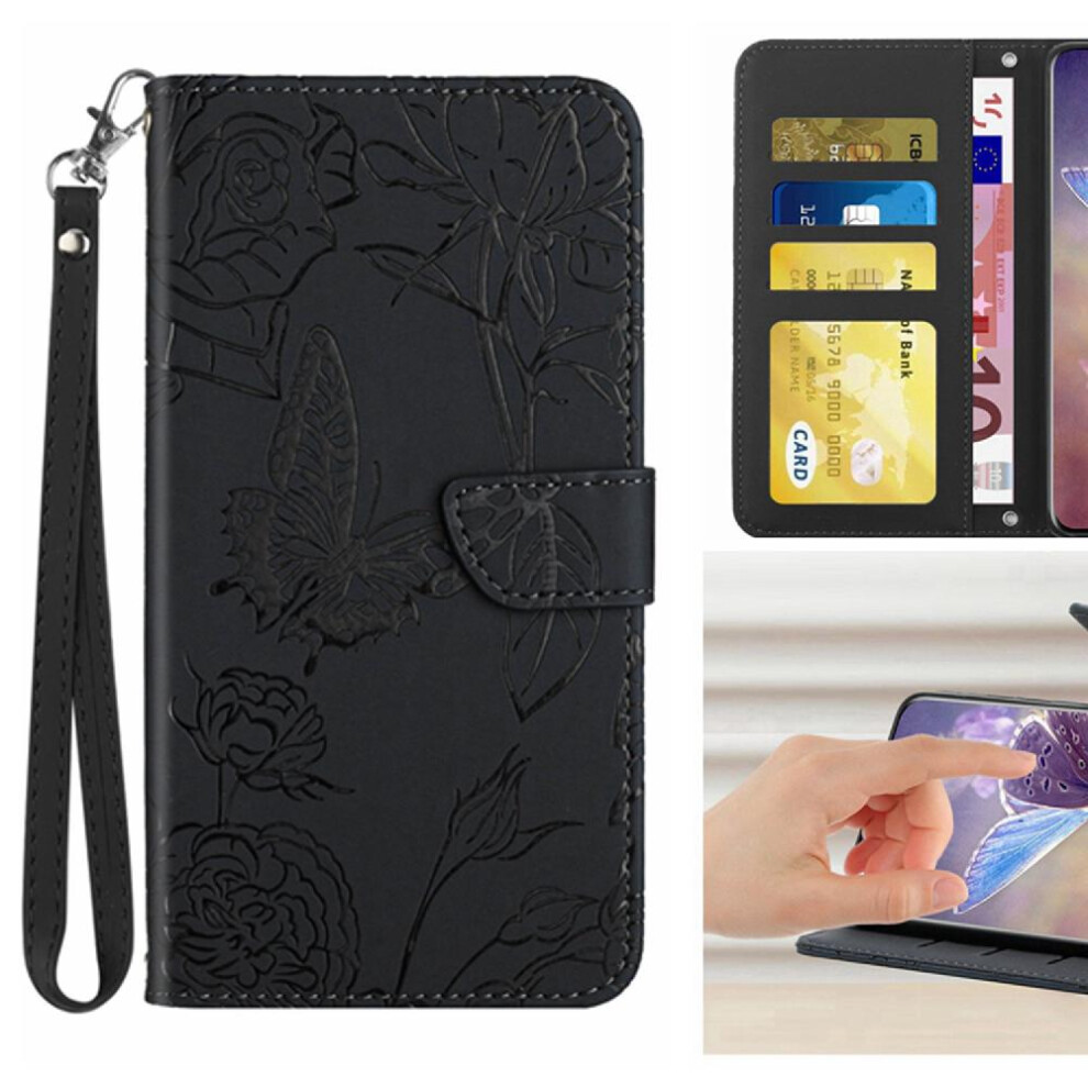 (Black) Flip Case For Oneplus Nord Ce4 Flowers And Butterflies Anti-Drop Protection Shockproof Leather Case With Wrist Strap Pu Leather Flip Cover Black 764563450312