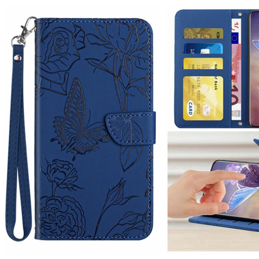(Blue) Flip Case For Oneplus Nord Ce4 Flowers And Butterflies Anti-Drop Protection Shockproof Leather Case With Wrist Strap Pu Leather Flip Cover Blue 764563450299