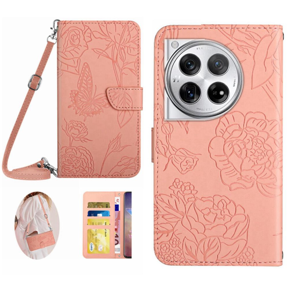 (Pink) Case For Oneplus 12 5G Leather Wallet Soft Pu Leather Butterflies And Flowers With Card Holder & Long Strap Pink 764563453238