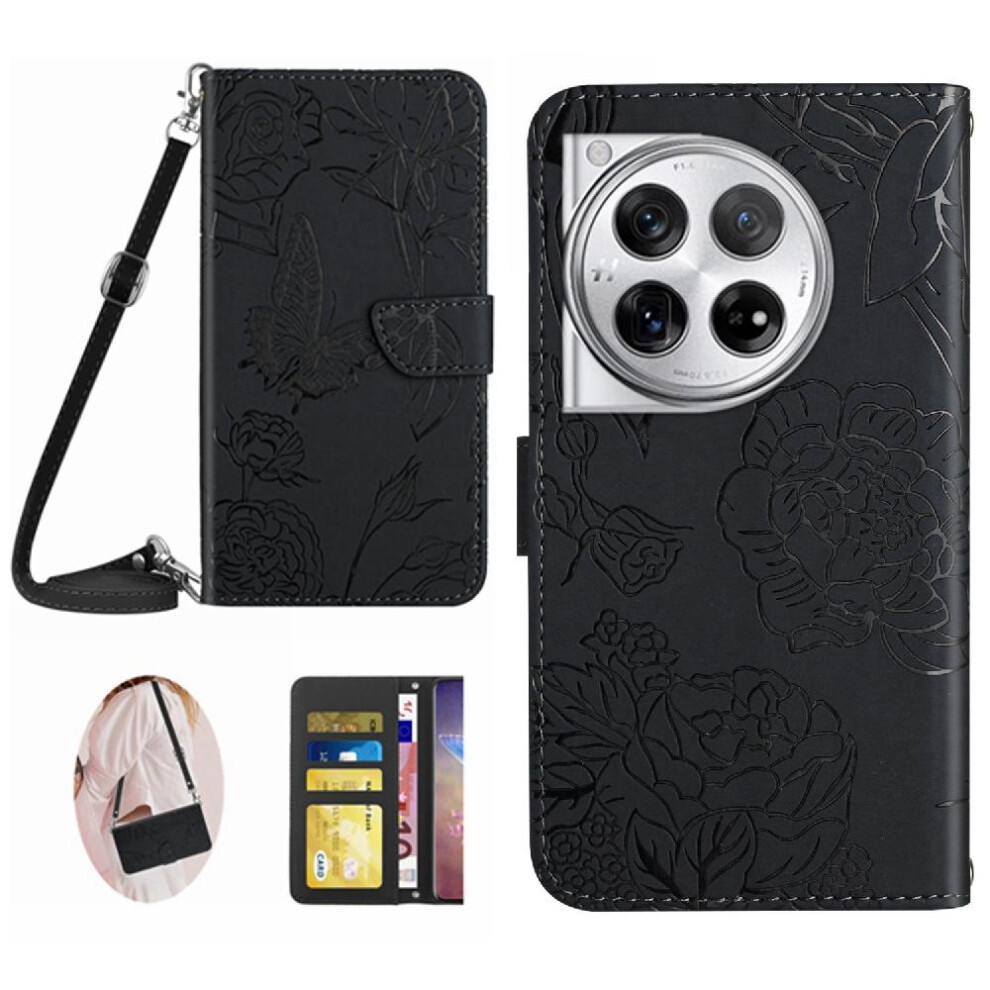 (Black) Case For Oneplus 12R 5G With Card Holder & Long Strap Soft Pu Leather Leather Wallet Butterflies And Flowers Black 764563453320