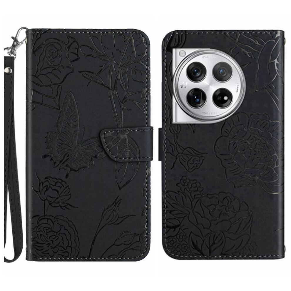 (Black) Case For Oneplus 12 5G Flowers And Butterflies With Wrist Strap Shockproof Leather Case Anti-Drop Protection Pu Leather Flip Cover Black 764563453412