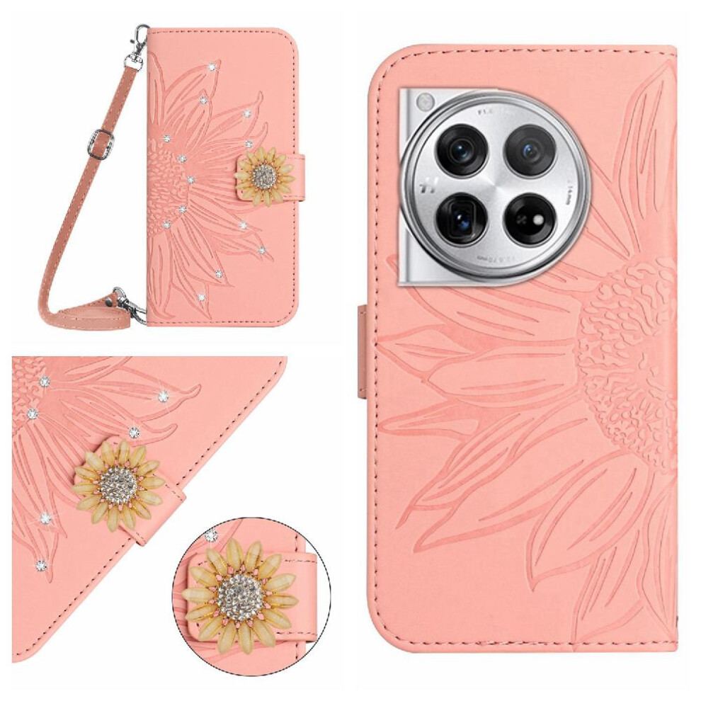 (Pink) Case For Oneplus 12R 5G Leather Wallet Sunflower With Card Slot Stand Kickstand Protective With A Long Lanyard Pink 764563454389