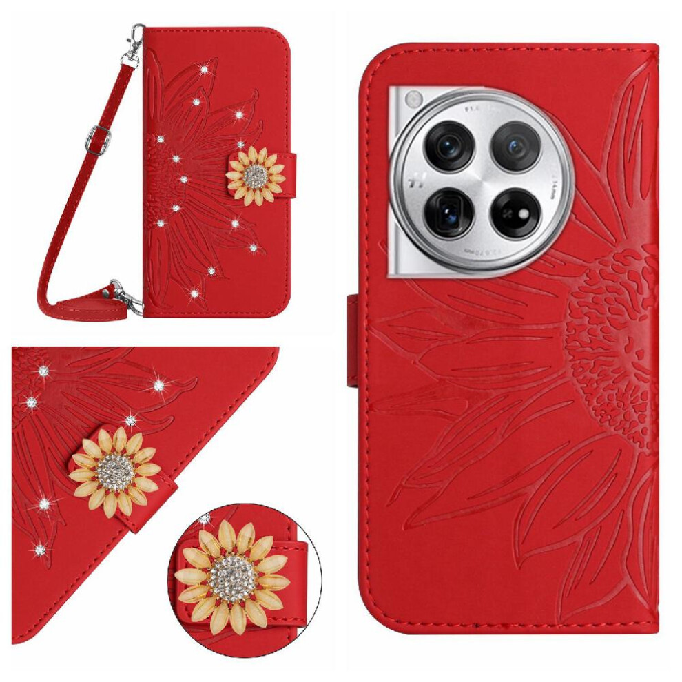 (Red) Case For Oneplus 12R 5G Leather Wallet Sunflower With Card Slot Stand Kickstand Protective With A Long Lanyard Red 764563454396