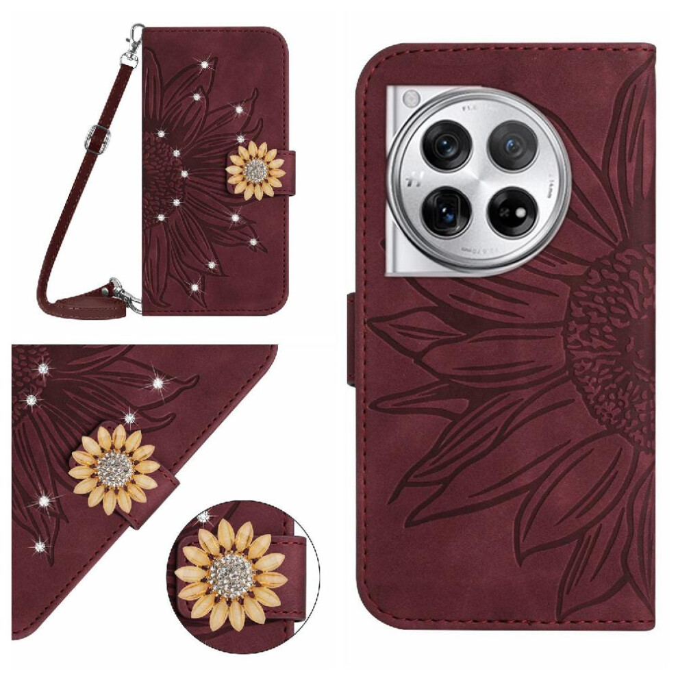 (Brown) Case For Oneplus 12R 5G Leather Wallet Sunflower With Card Slot Stand Kickstand Protective With A Long Lanyard Brown 764563454426