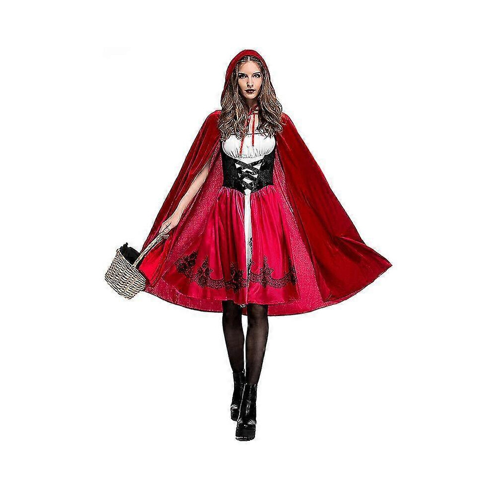 Women Little Riding Hood Costume Christmas Halloween Party Dress With Cape Cosplay Red