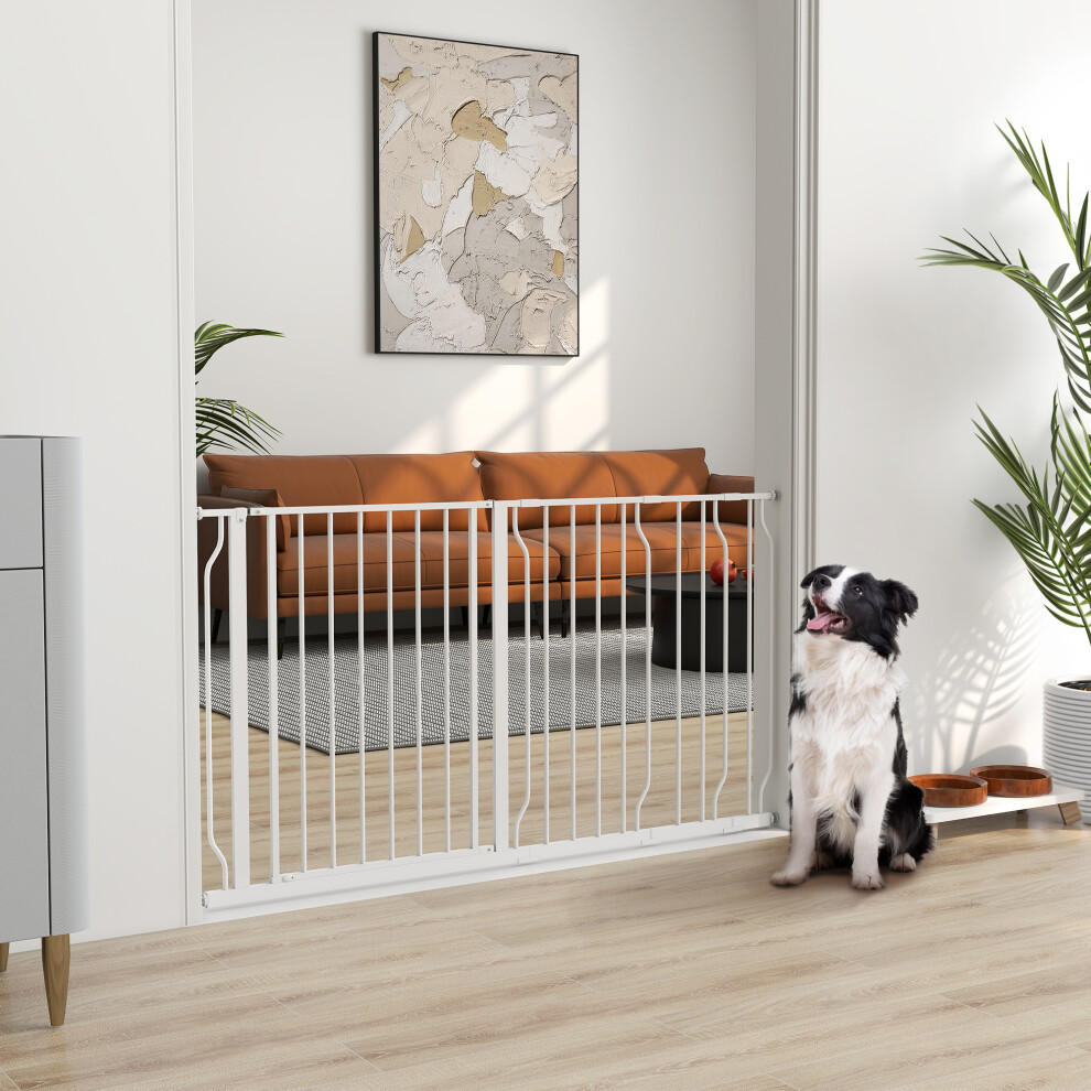PawHut Dog Gate Wide Stair Gate w/ Door Pressure Fit, 75-145W cm, White