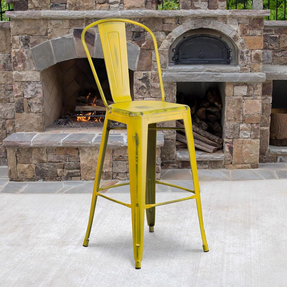 Set of 4 Yellow Bar Stool 30 Inch Distressed Metal Indoor Outdoor Counter Stool