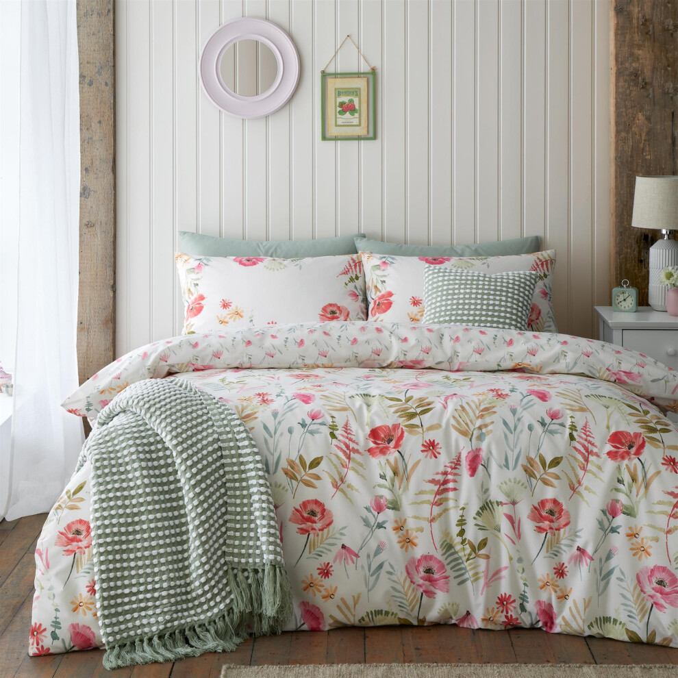(Double, Cream) Catherine Lansfield Ella Poppy Duvet Cover Set Floral Bedding Set Quilt Cover