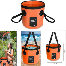 Portable 12V outdoor shower with folding bucket and shower head for camping, gentle and steady spray.