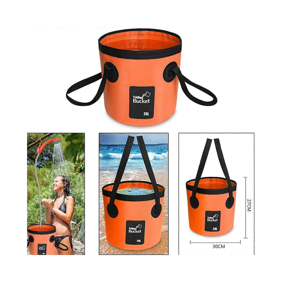 Portable 12V outdoor shower with folding bucket and shower head for camping, gentle and steady spray.