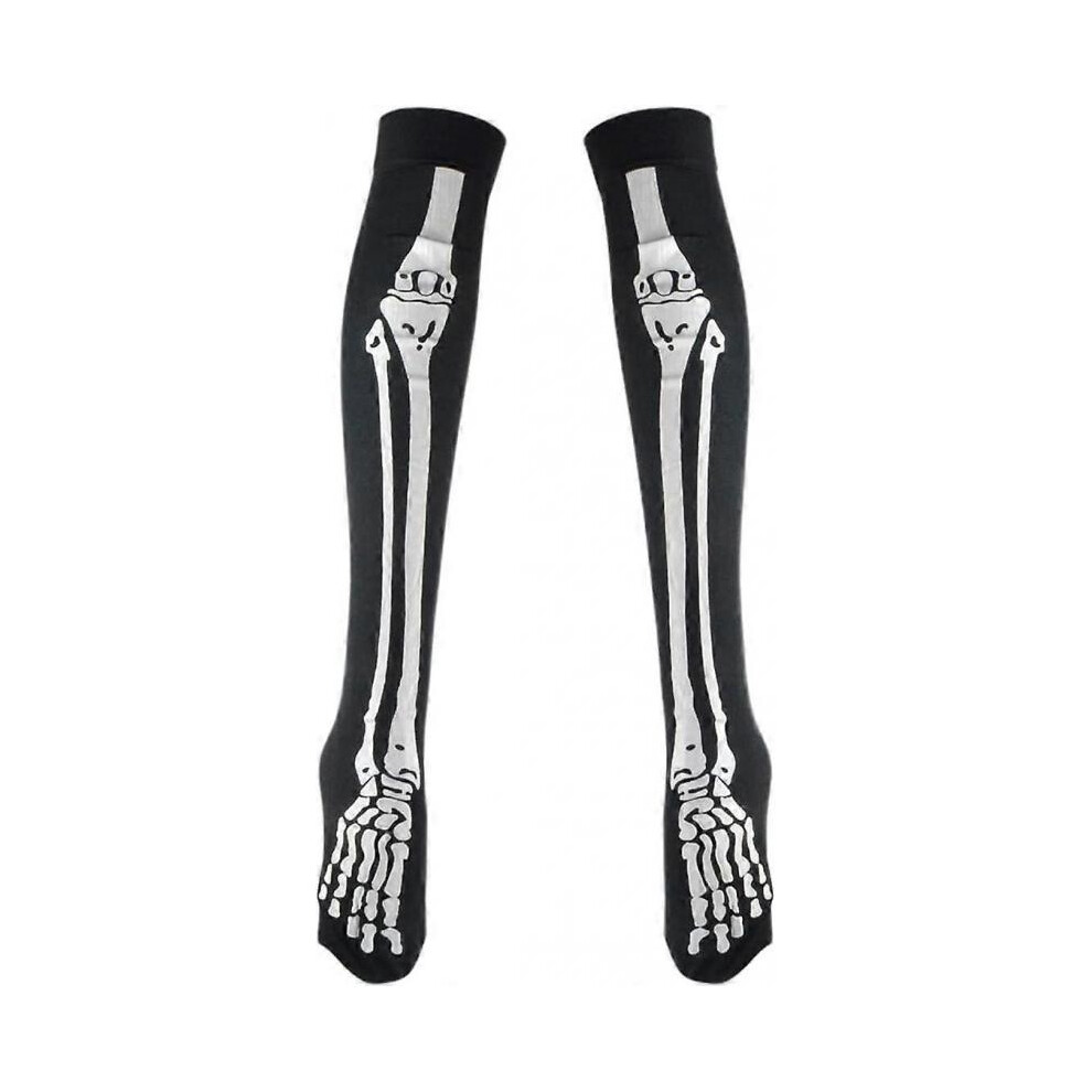 Women Halloween Skull Gothic Long Socks Skeleton Bones Thigh High Over Knee Socks Cosplay Stockings Black