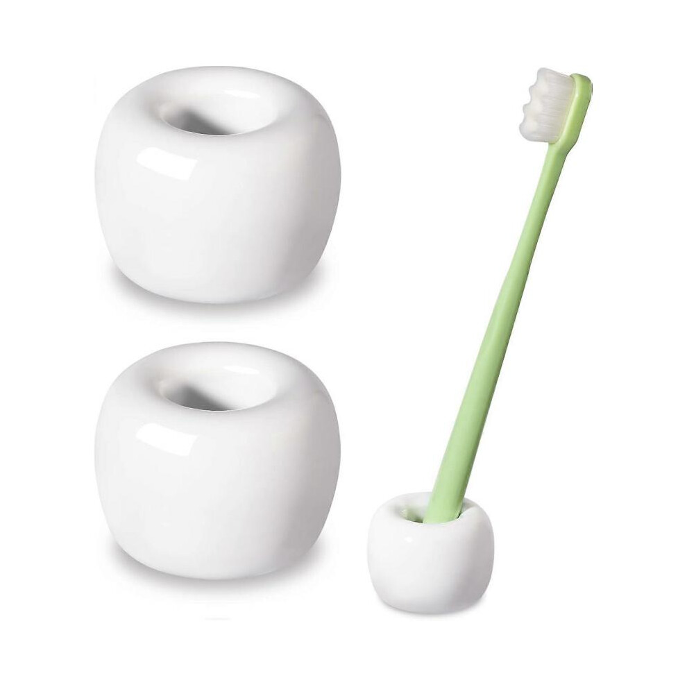 Sleek Mini Ceramics Toothbrush Holder Stand for Bathroom Vanity Countertops, White, 2 Pack