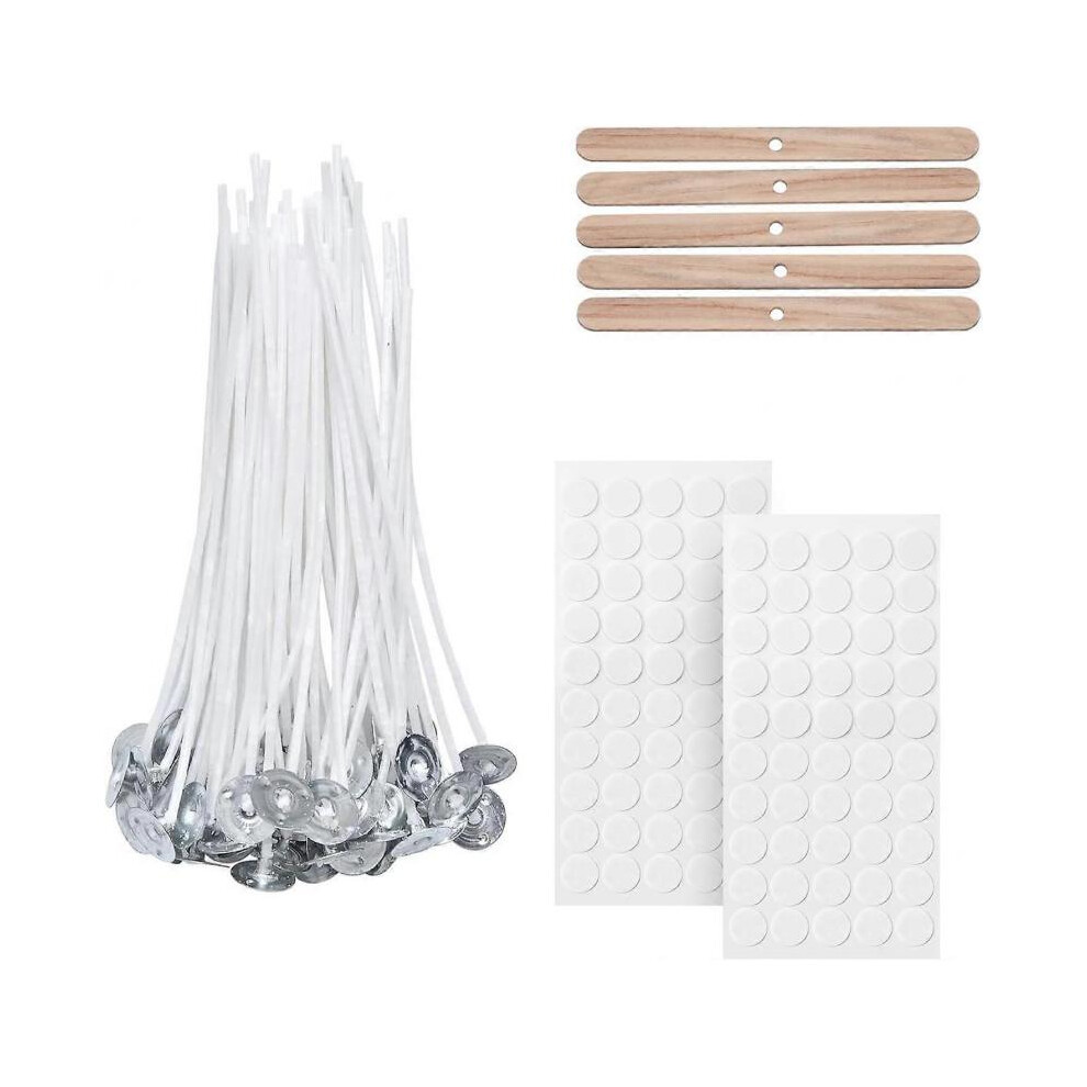 100 Piece Cotton Candle Wick Candle Making for Candle DIY No Black Smoke (10cm/4in with 5pcs Candle Wick Holders & 100pcs Double-sided Adhesive Points