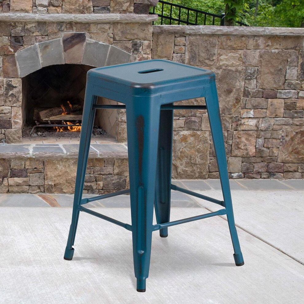 Set of 4 Antique Blue Bar Stools 24 Inch Metal Indoor Outdoor Counter High Stool