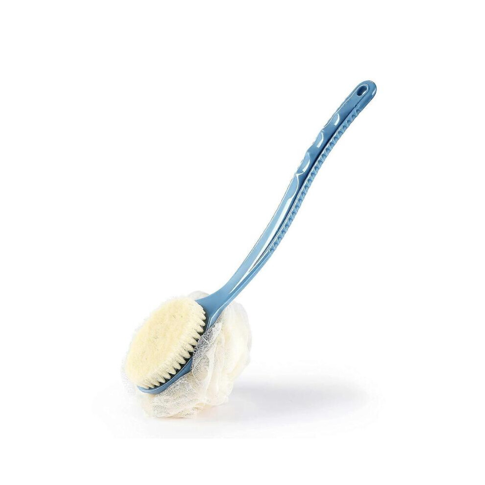 Shower Body Brush with Bristles and Loofah,Back Scrubber Bath Mesh Sponge with Curved Long Handle for Skin Exfoliating Bath, (Blue)
