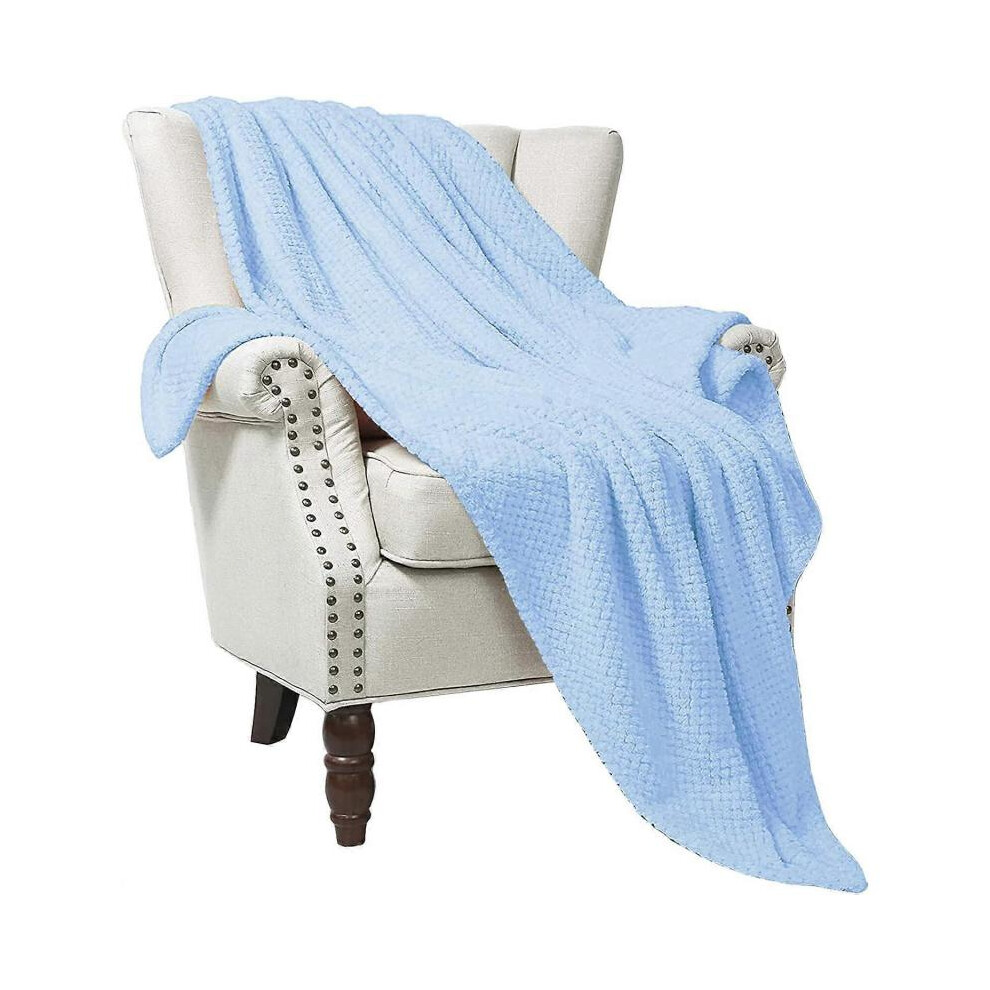 Flannel Throw Blanket, 127x178 CM Soft Sofa Throws, Waffle Fleece Throws for Sofa, Baby Blue Blanket