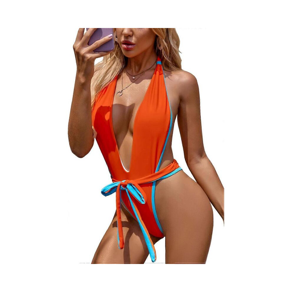 (M) Swimsuits for women, sexy monokini, deep v neck, one piece