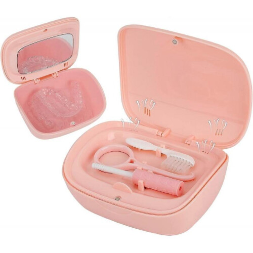 Denture Case, Retainer Case Set - Includes Denture Brush, Chews & Removal Tool - Comes with Mirror for Easy Access
