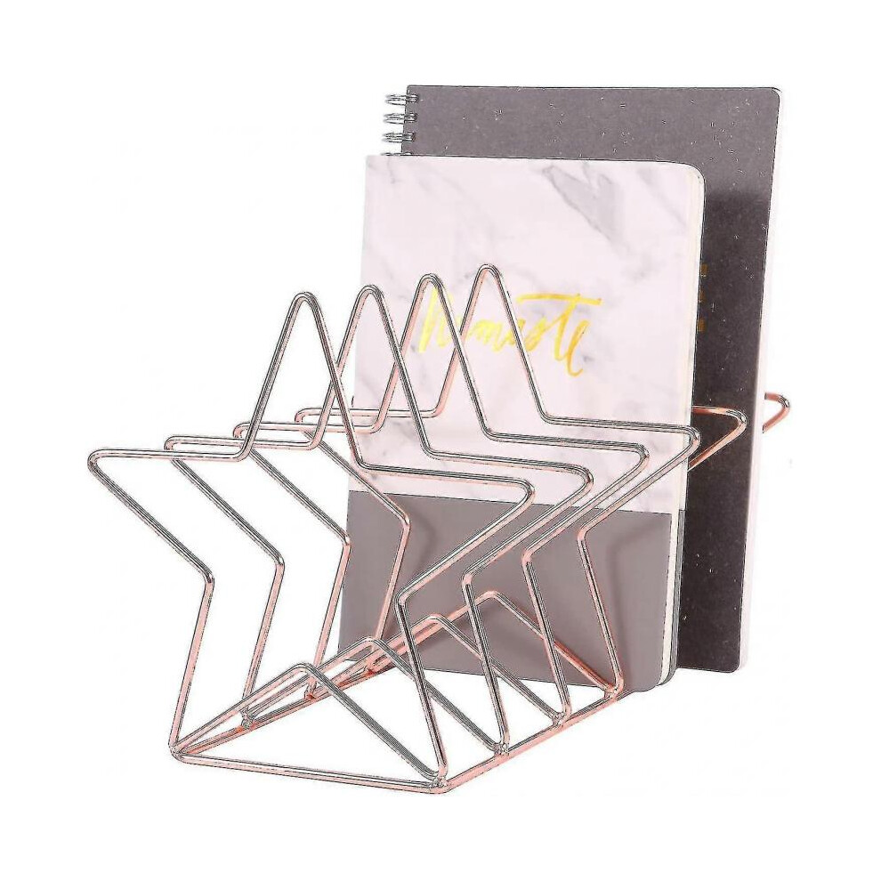 Magazine Holder File Sorter, Metal 5 Slot Desk Organizer Rack for Document, Folder, Letter And Book, Rose Gold, Pentastar Shape