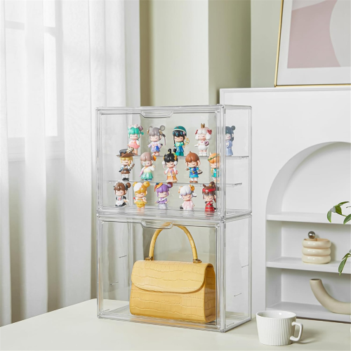 Clear Acrylic Display Case 3 Tier Shelf, Stackable Protection Showcase with Magnetic Door for 2
