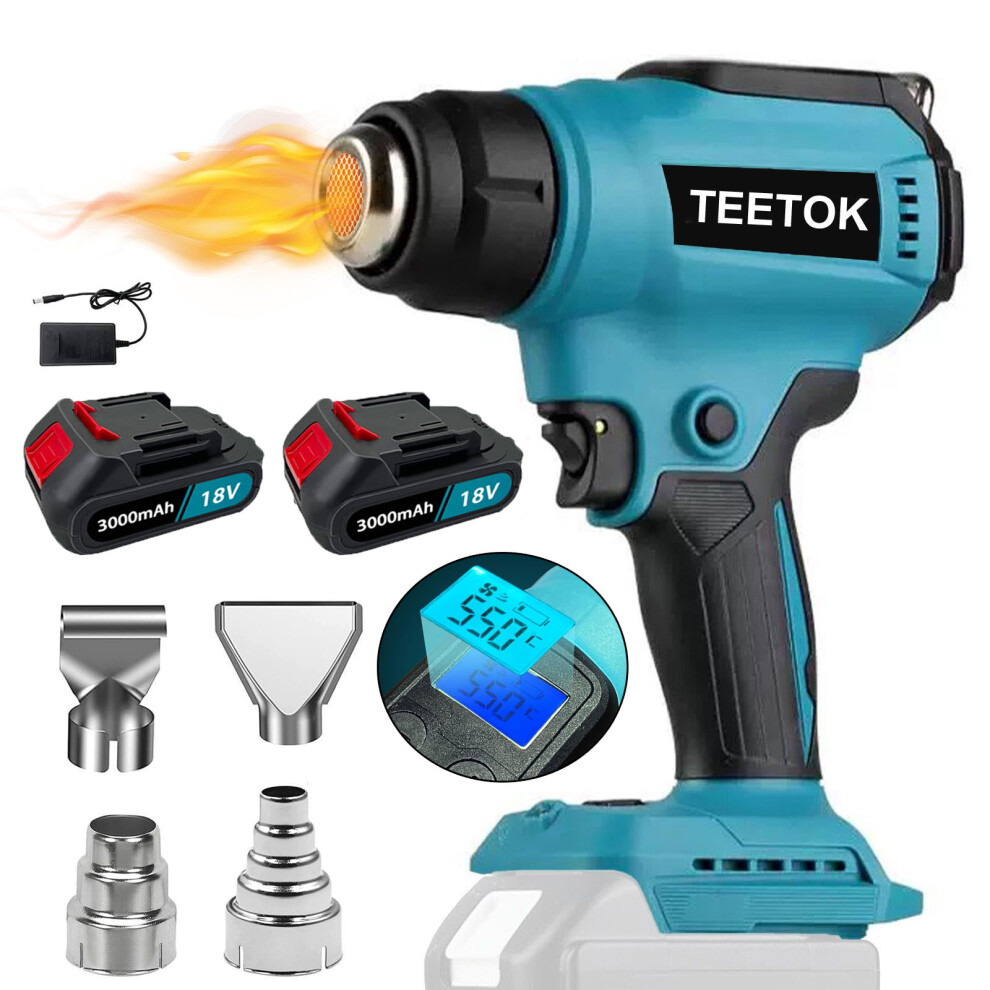 (1xHeat Gun with 4 Nozzles+2x 3.0A Battery+Charger) Hot Air Gun Heat Gun Variable Temperature Control Paint Remover-Makita Battery Compatible