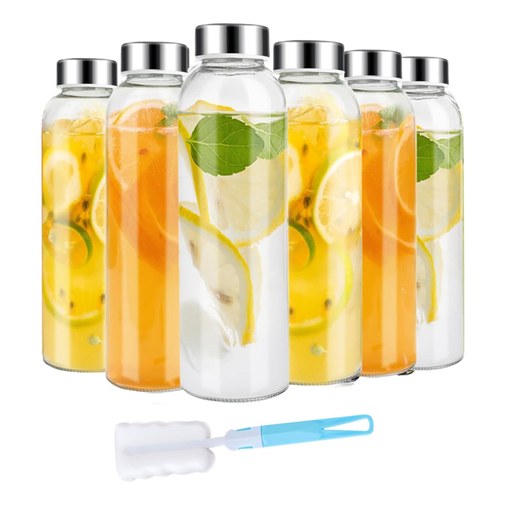 Glass Juice Bottles with Lids for Juicing 18 Oz, Reusable Clear Water Airtight Cap Refrigerator