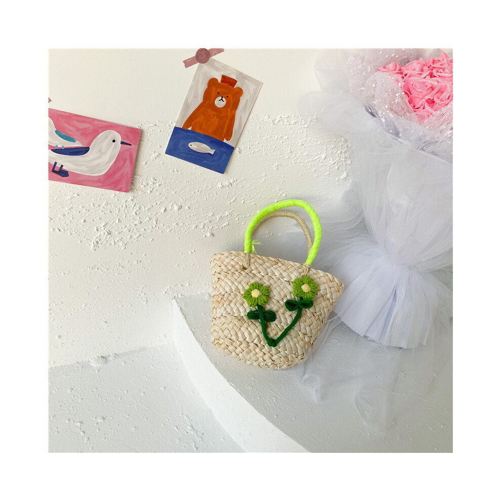 (Green)Ravissant sac à main enfant en paille avec accents floraux parfait pour les excursions estivales