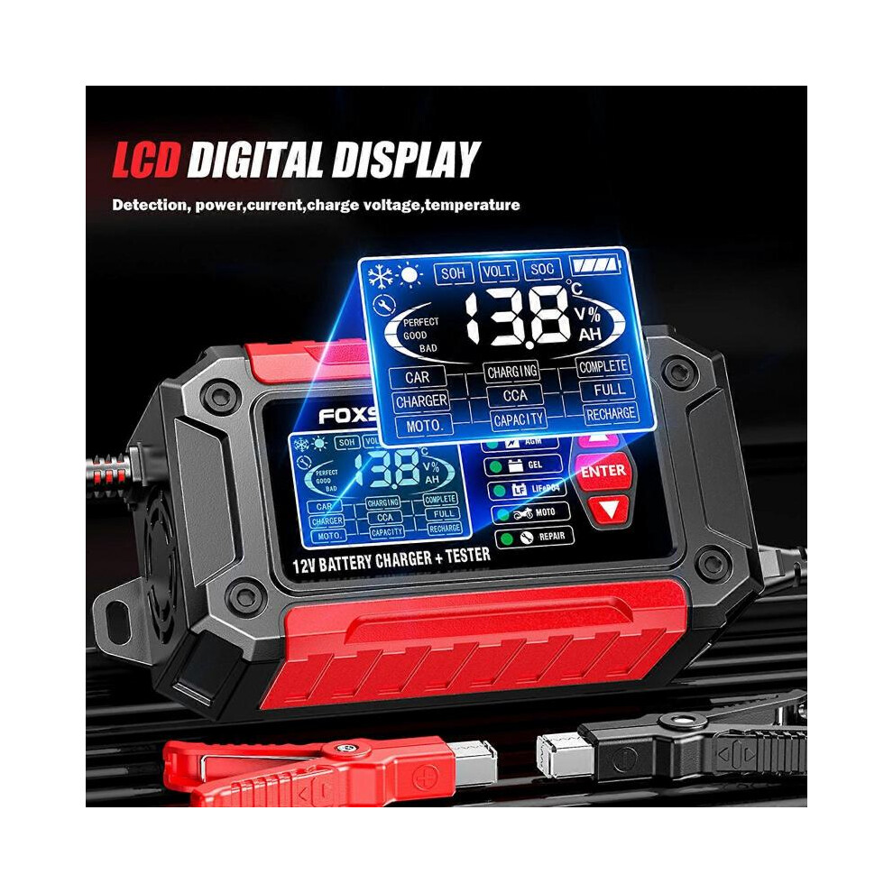FOXSUR 2 in 1 battery charging tester all-in-one 12V car and motorcycle lead-acid lithium iron battery charger US standard red