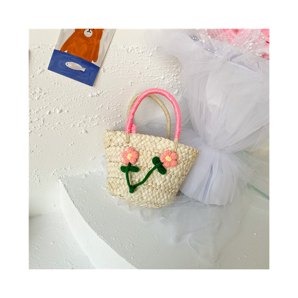 (Pink)Ravissant sac à main enfant en paille avec accents floraux parfait pour excursions été