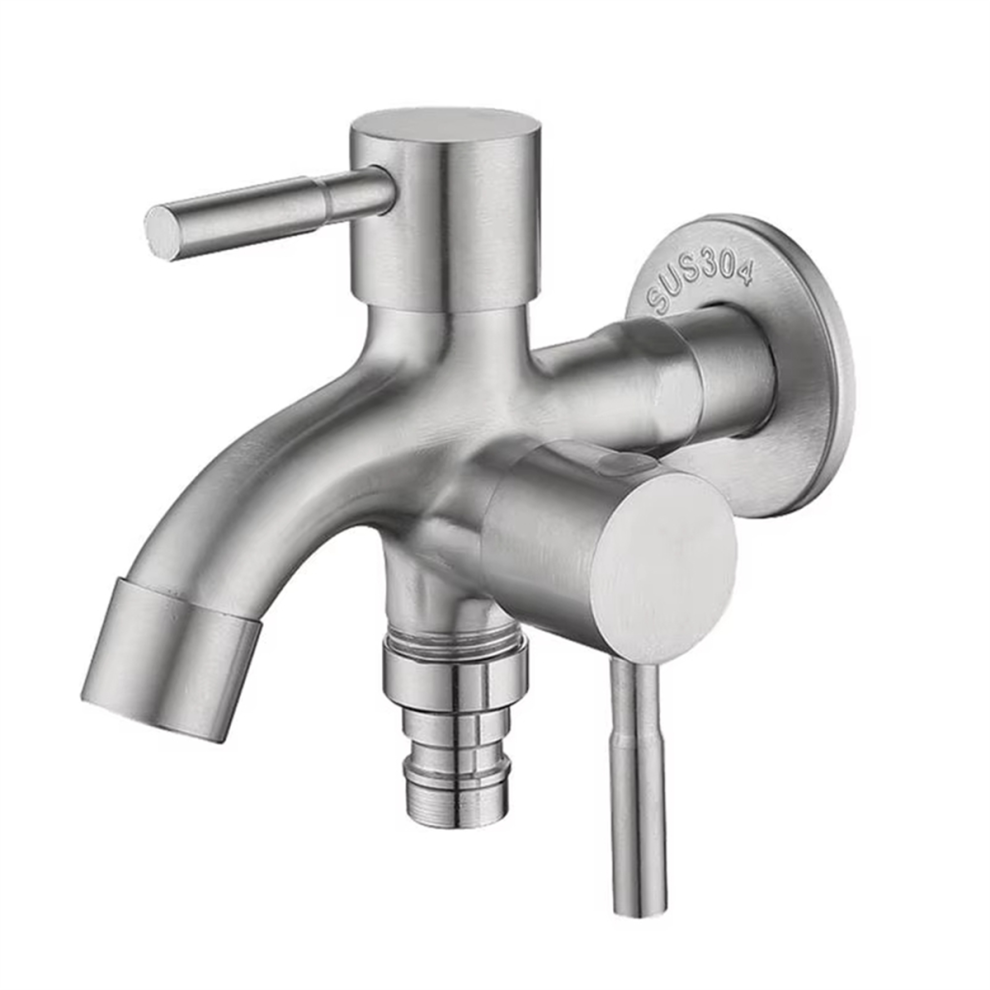 Double Garden Tap Stainless Steel Outside Outlet Water Faucet Sturdy 2 Way Hose